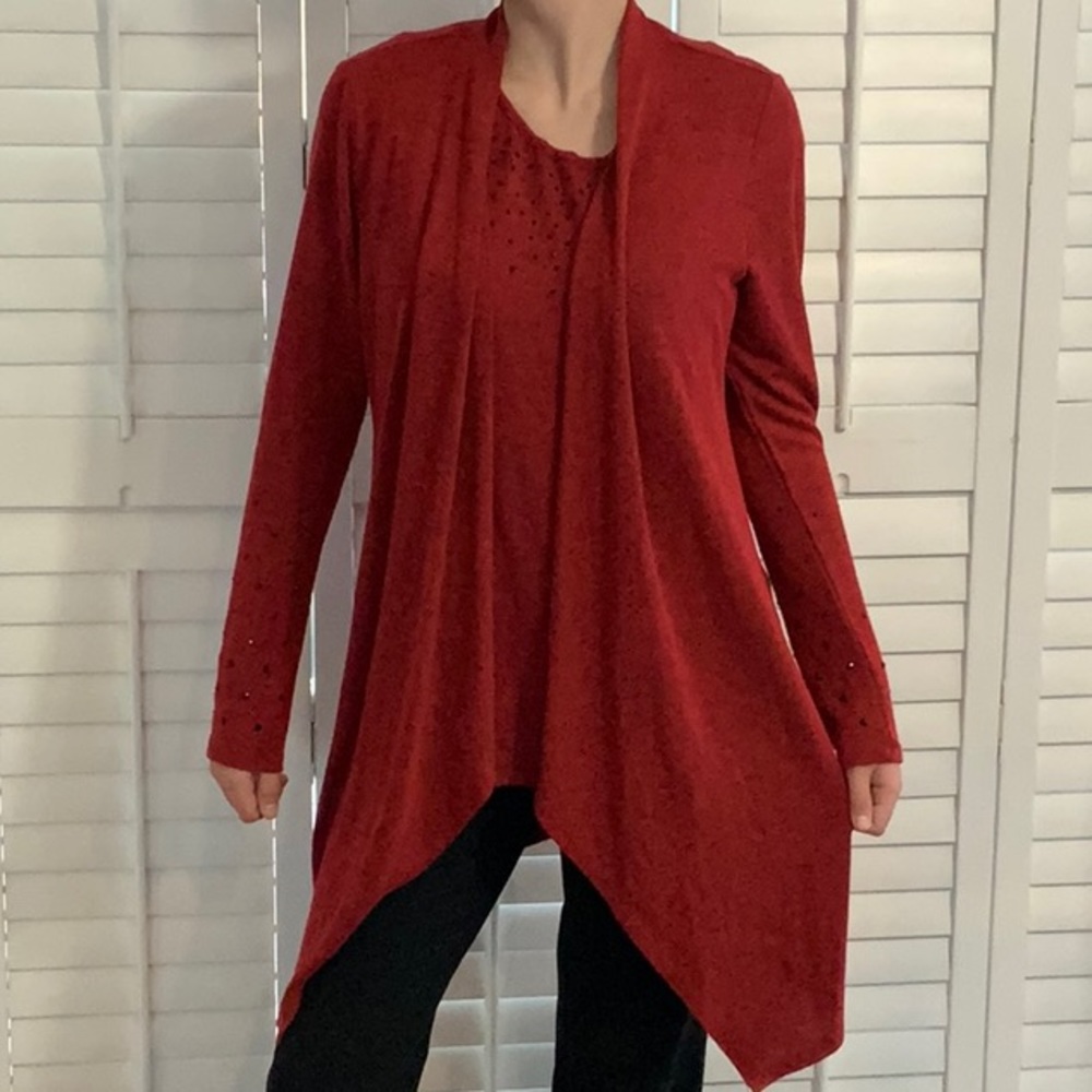Nygard Sweater Set - Short Sleeve Blouse with matching sweater - dark red/beaded